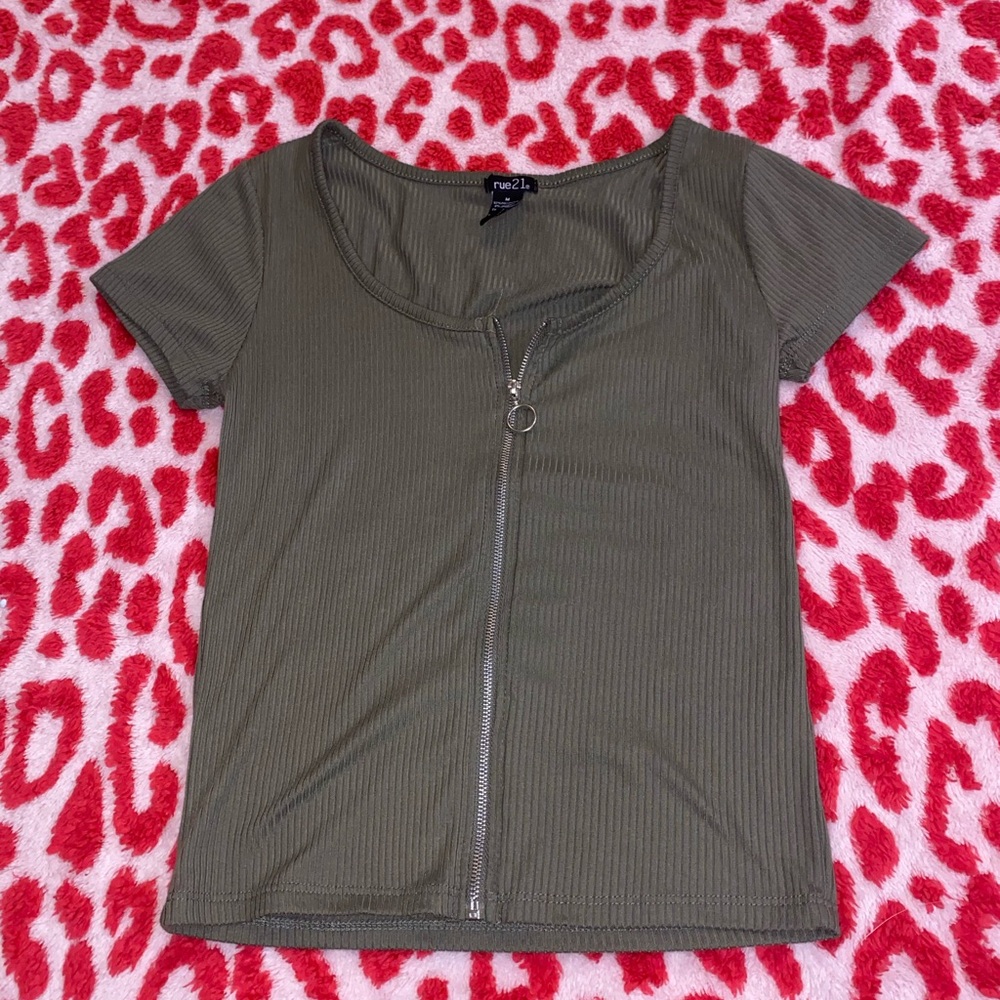 Rue21 Army Green Zipper Tee